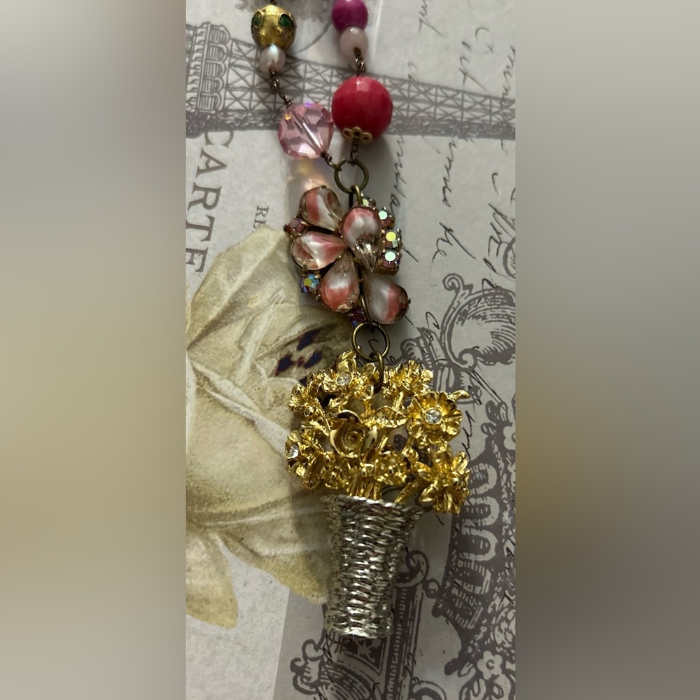 Vintage Repurposed Flower Basket Brooch and gems Necklace for